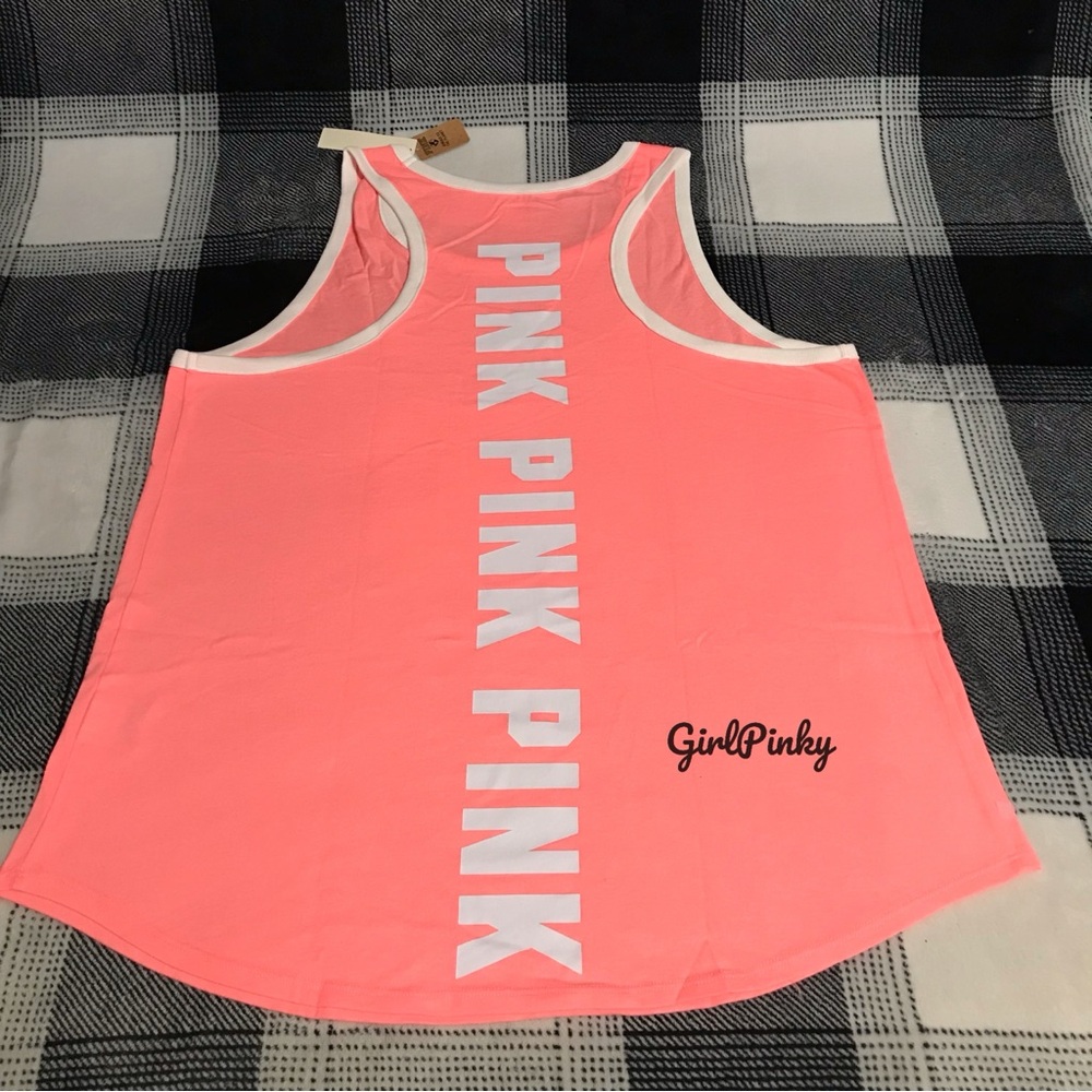VS PINK TANK IN BRIGHT PEACH/ORANGE & PINK LOGO ON THE BACK FULL LENGTH